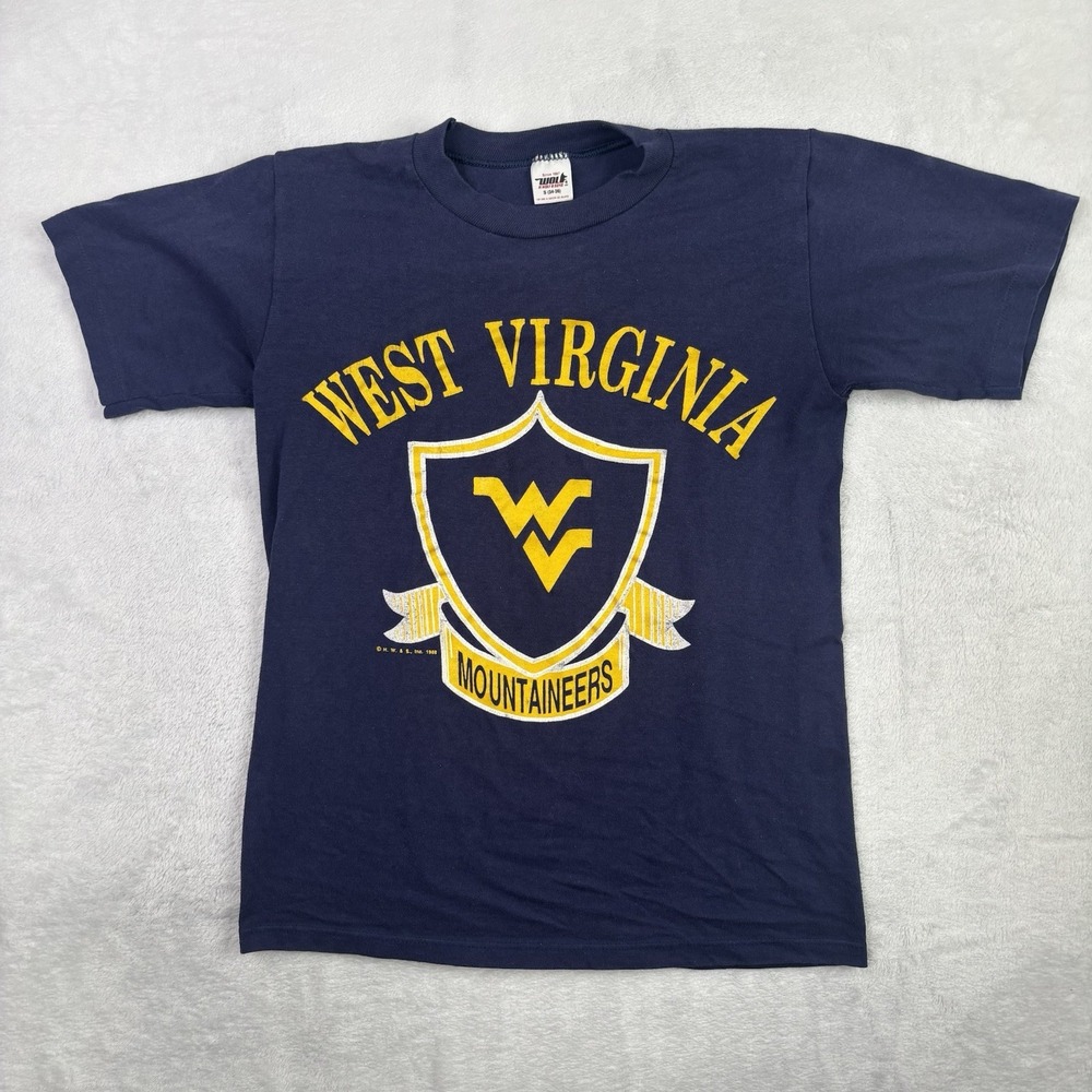 VTG 1988 West Virginia Mountaineers Blue Short Sleeve Single Stitch Shirt Men S